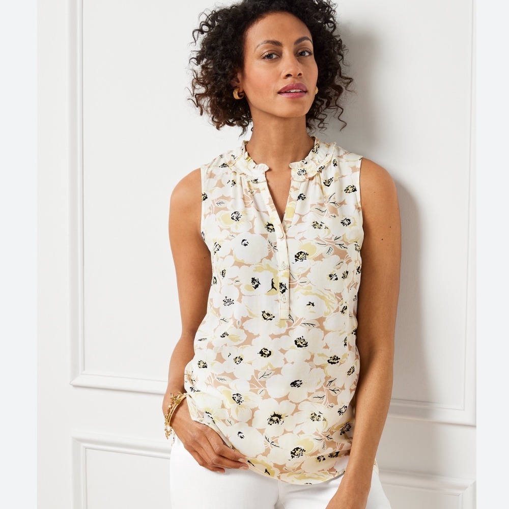 Talbots Ruffle Neck Shell Layered Floral Sleeveless‎ Blouse P231075014 Cream LP - Picture 2 of 10